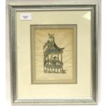 Framed Oriental silk of a lady in a Pagoda, 18 x 10 cm. P&P Group 3 (£25+VAT for the first lot