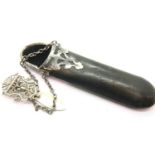 Victorian leather chatelaine spectacle holder with white metal finish, L: 16 cm. P&P Group 1 (£14+