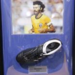 Framed Socrates Brazil signed boot and photograph, overall 52 x 62 cm. Not available for in-house