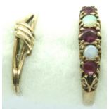 9ct gold ring set with rubies and opals, size O, and a gold ring (hallmarks rubbed), size M,