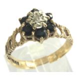 9ct gold diamond and black sapphire flower ring, size S, 3.3g. P&P Group 1 (£14+VAT for the first