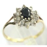 9ct gold sapphire and CZ daisy ring, size O, 1.5g. P&P Group 1 (£14+VAT for the first lot and £1+VAT