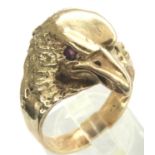 Heavy 9ct gold eagle ring with ruby set eyes, size W, 13.3g. P&P Group 1 (£14+VAT for the first