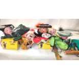 Five Pelham puppets, all need strings untangling, includes two boxes. P&P Group 1 (£14+VAT for the