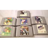 Seven Nintendo 64 games including Nascar, snowboarding, N.H.L 98, Yoshis story, Diddy Kong Racing,