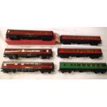 Six Hornby Dublo two rail super detail coaches including 4071 restaurant car-maroon, two