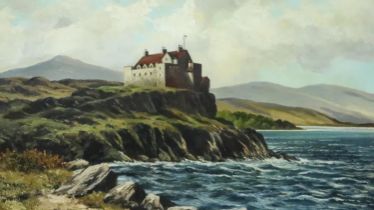T R Sanderson (20th century): oil on board, Duart Castle Isle of Mull, with gifting letter verso, 60