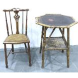 A Victorian bamboo and black lacquer octagonal table together with a walnut bedroom chair. (2).