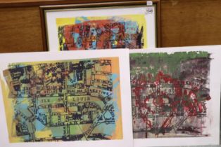 Simon Bishop (Lancashire contemporary): three screen prints circa 2011, one framed, each 65 x 50 cm.
