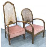 Two pine framed salon chairs, each with bergere canework backrests and upholstered seats, largest H: