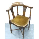 Edwardian inlaid corner chair with upholstered seat. Not available for in-house P&P, contact Paul