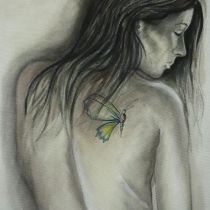 Robert Beard? pastels on box canvas, nude female study with tattoos, 70 x 50 cm. Not available for