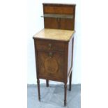 An early 20th century inlaid walnut pot cupboard, with drop down front and faux marble top, 39 x