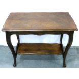 A French parquetry inlaid oak table, with shaped supports and lower shelf, 87 x 50 x 57 cm H, joints