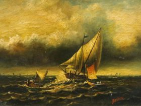 Unattributed 20th century oil on board, ship on choppy waters, indistinctly signed, 19 x 24 cm. P&