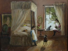 Deborah Jones (b. 1921): oil on board, Children Bedroom Scene, signed to lower right, 24 x 19 cm.