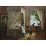 Deborah Jones (b. 1921): oil on board, Children Bedroom Scene, signed to lower right, 24 x 19 cm.