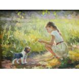 Vachagan Manukyan (Armenian contemporary): oil on canvas, The Girl and The Dog, signed verso 2021,