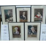 Ralph Sallon (1899-1999), five framed prints, caricatures of eminent lawyers, each 20 x 30 cm. Not