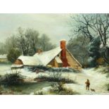E Lindsey (late 19th/early 20th century): oil on canvas, timber lodge in winter, 39 x 30 cm. Not