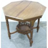 A 19th century walnut octagonal table, having turned supports and galleried lower shelf, 76 x 76 x