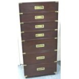 Gibbard reproduction mahogany Campaign style chest of seven drawers with brass inlaid corners and