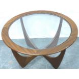 Teak circular glass top coffee table, D: 84 cm, H: 45 cm. Not available for in-house P&P, contact