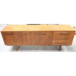 Mid 20th century teak sideboard, 199 x 45 x 73 cm H. Wear to top, lacking interior shelf to left