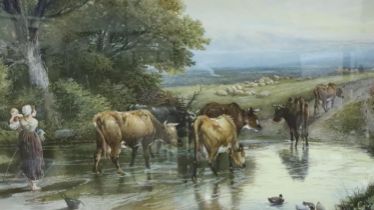 Victorian watercolour of Cattle Crossing a Ford, monogrammed ES to lower left, 60 x 35 cm. Not