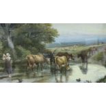 Victorian watercolour of Cattle Crossing a Ford, monogrammed ES to lower left, 60 x 35 cm. Not