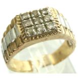 9ct gold ring with square of nine diamonds, size S/T, 6.6g. P&P Group 1 (£14+VAT for the first lot