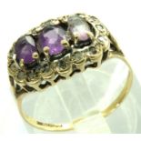 9ct gold ring set with three amethyst and diamonds, size N, 2.1g. P&P Group 1 (£14+VAT for the first