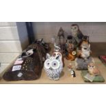 Selection of ceramic and wooden owls, largest H: 48 cm. Not available for in-house P&P, contact Paul