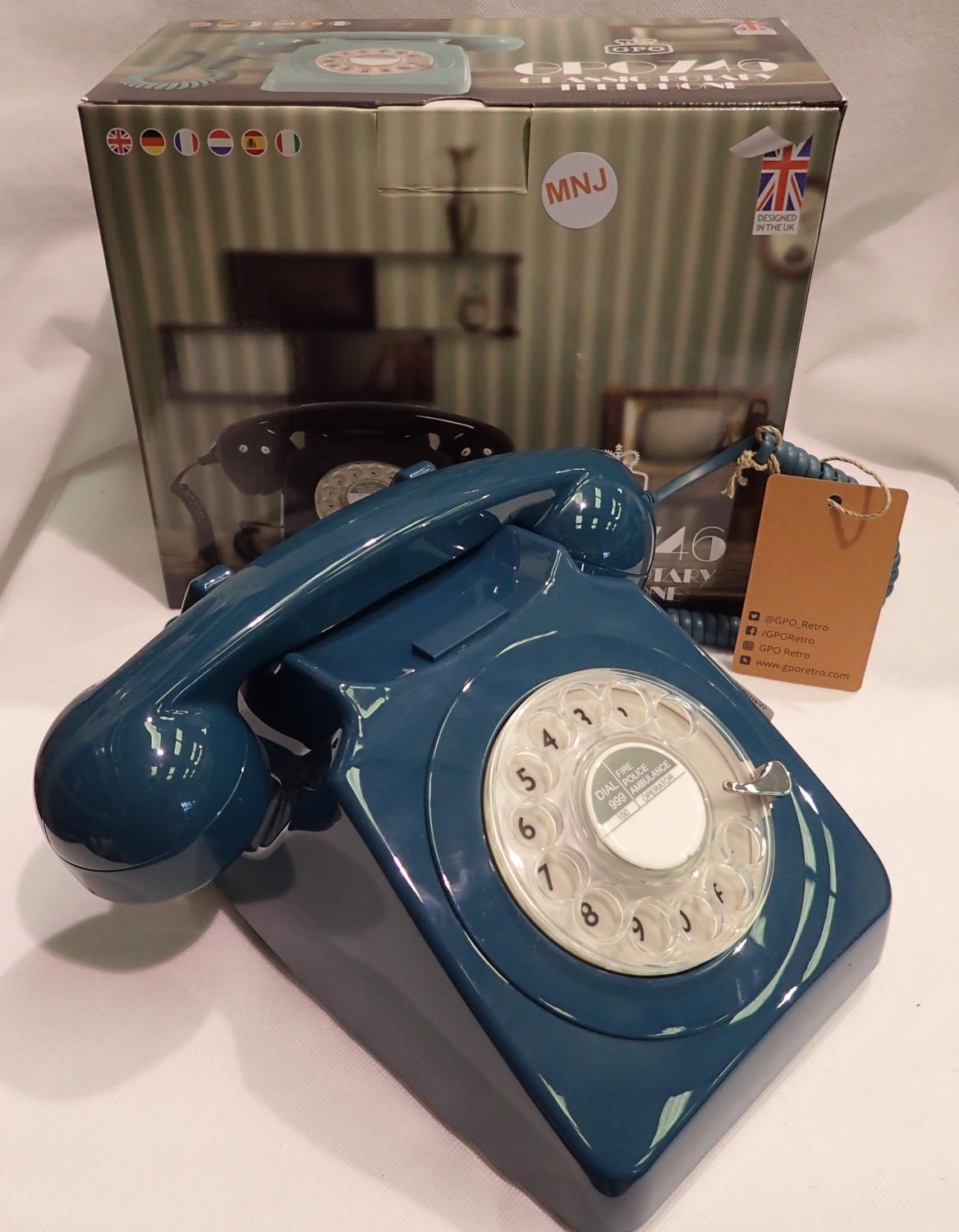 Azure blue 1960/1970s style Rotary telephone, compatible with modern telephone banking and any