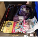 Box of ladies handbags and mixed wool. Not available for in-house P&P, contact Paul O'Hea at