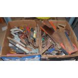 Two boxes of mixed hand tools to include saws. Not available for in-house P&P, contact Paul O'Hea at