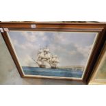 Large Montague Dawson framed print, The Smoke of Battle, 65 x 60 cm. Not available for in-house P&P,