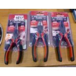 New and unused Dekton 6 inch long nose pliers, side cutting pliers and 6 inch combination pliers.