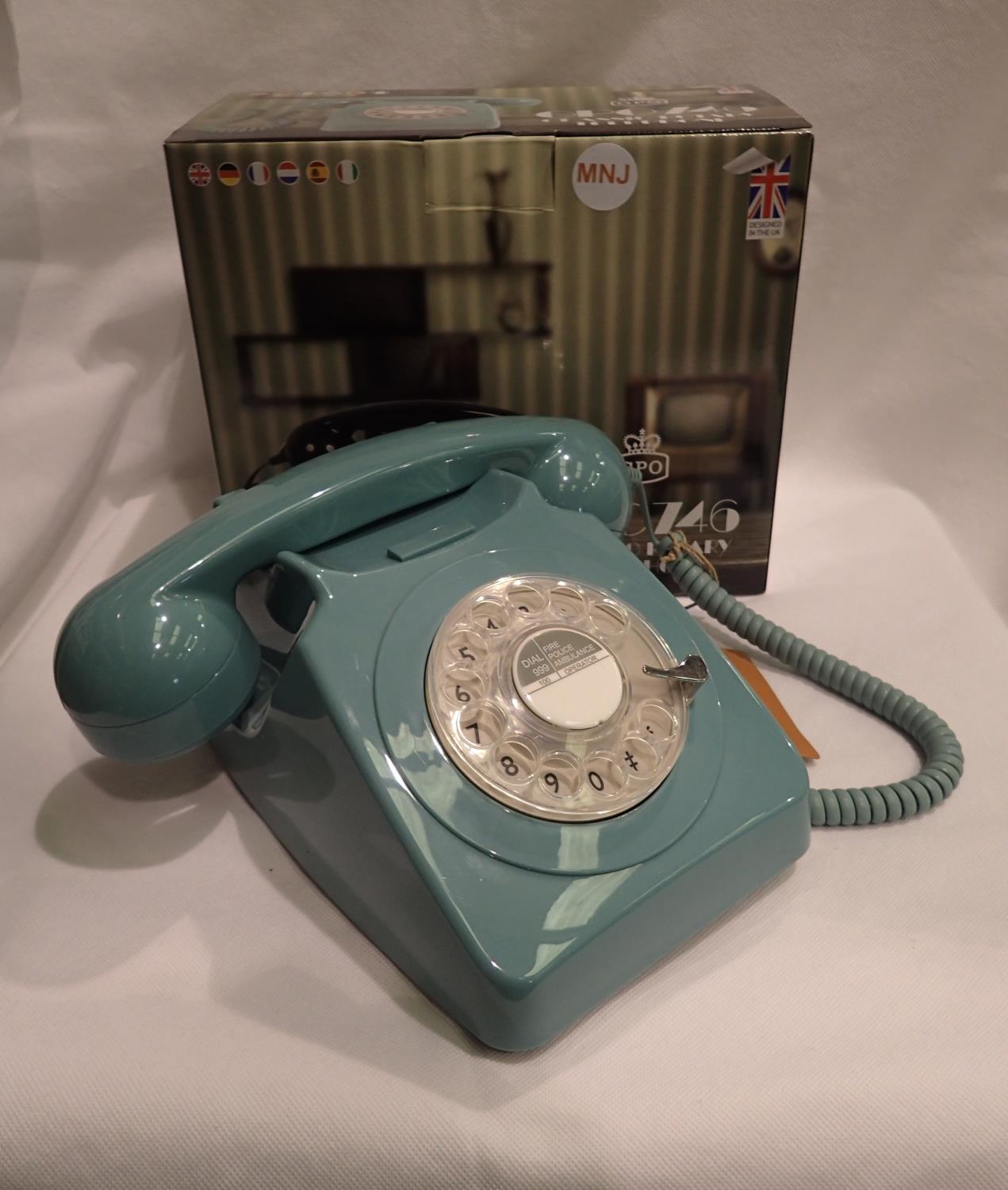 Blue 1960/1970s style Rotary telephone, compatible with modern telephone banking and any standard