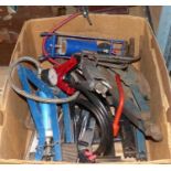 Box of mixed car jacks and foot pumps. Not available for in-house P&P, contact Paul O'Hea at