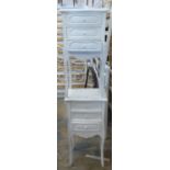 Pair of white painted three drawer bedside cabinets, each 42 x 32 x 80 cm. Not available for in-