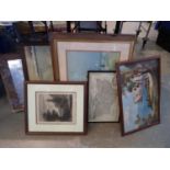 Two framed lithographs signed and other prints and pictures including maps, oak framed mirror. Not