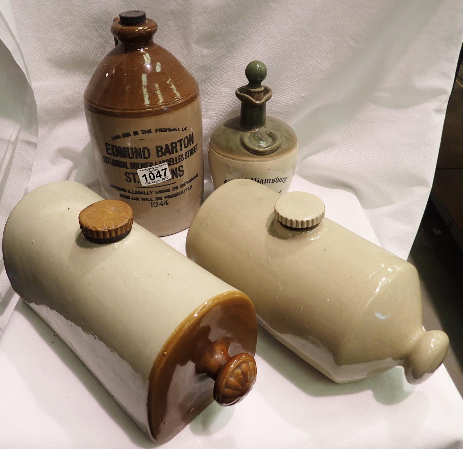 Two stoneware jars and two beer/whisky jugs, with stoppers. Not available for in-house P&P,