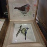 Two Caroline Hodson bird pictures, Robin at Glendalough and Tufty Blue Tit, both mixed marquetry