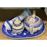 Four blue and white ceramics, mixed makers. Not available for in-house P&P, contact Paul O'Hea at