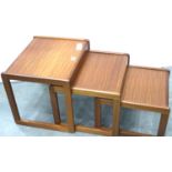 Sunelm 1970s teak nest of three graduating tables, largest 50 x 43 x 43 cm H. Not available for in-