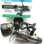 Shakespeare Kromo fixed spool reel and two unrelated spools. P&P Group 2 (£18+VAT for the first