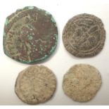 Mixed ancient coins: 14th century bronze Jetton with Romanesque bust, Byzantine Empire bronze half