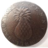 1788 Slavery token, I Serve, Barbados with Pineapple. P&P Group 0 (£5+VAT for the first lot and £1+