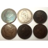 Five early farthings and a silver shilling. P&P Group 0 (£5+VAT for the first lot and £1+VAT for